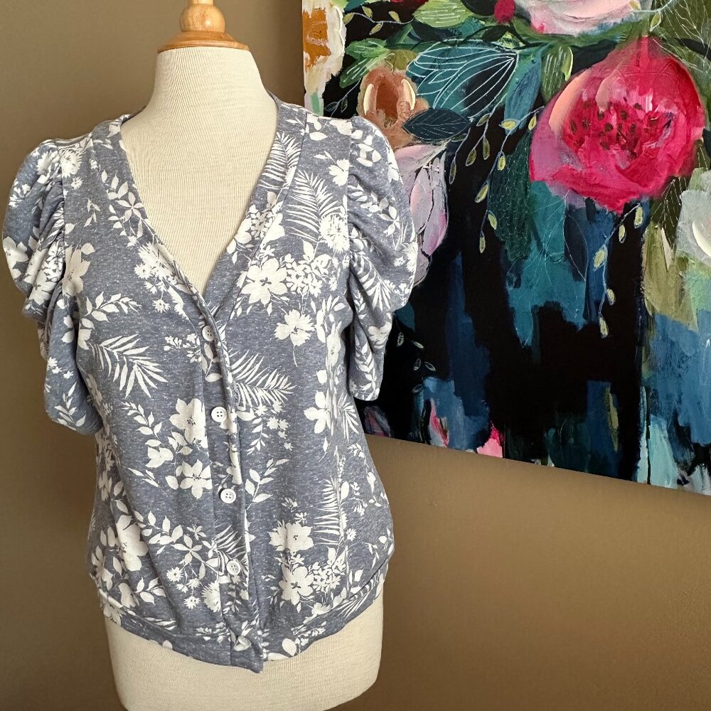 Liv Los Angeles Floral Cornflower Blue V-Neck Puff Sleeve Cardigan Size Large